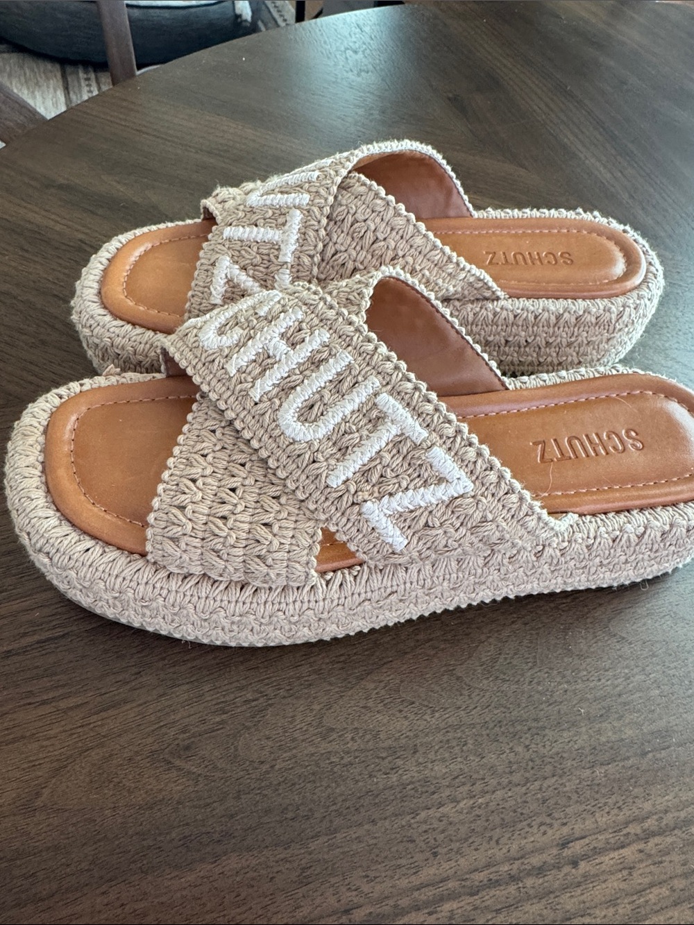 SCHUTZ Tan Crochet Crossband Slide Sandals - Picture 2 of 8